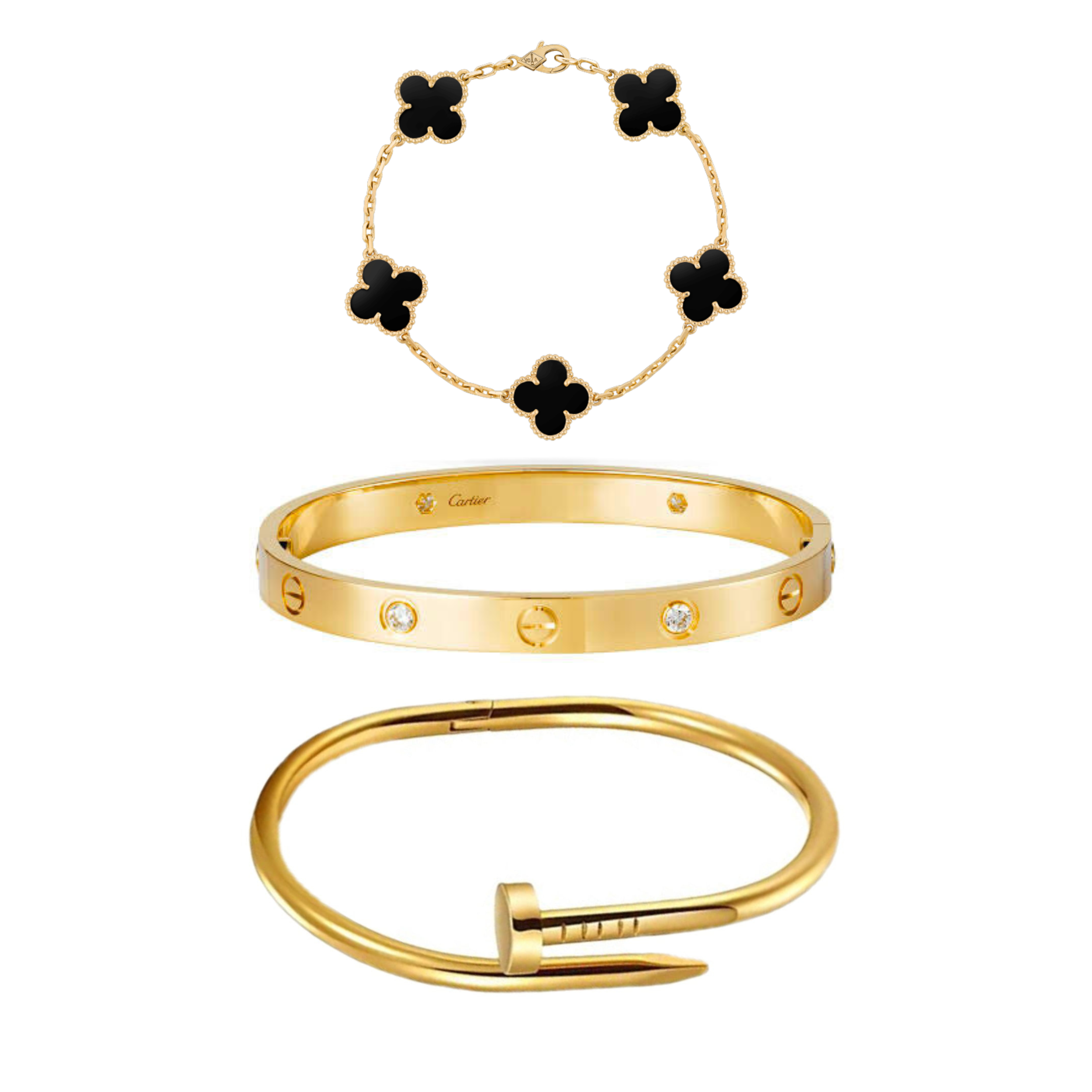 Set of gold bracelets with black clover and diamond designs on a white background