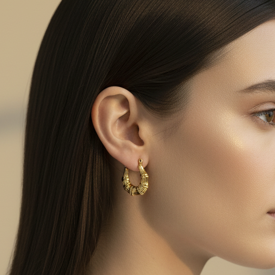 Gold Bamboo Hoop Earrings - Editorial Model Shot