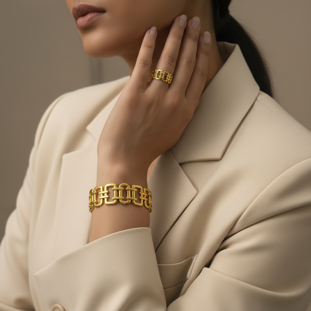 Model in Beige Cream Suit with Gold Chain-Link Bangle & Ring
