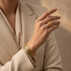Model in Beige Cream Suit with Gold Filigree Bangle & Ring