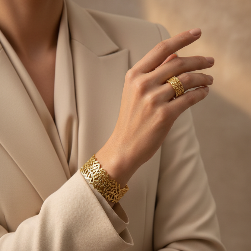 Model in Beige Cream Suit with Gold Filigree Bangle & Ring