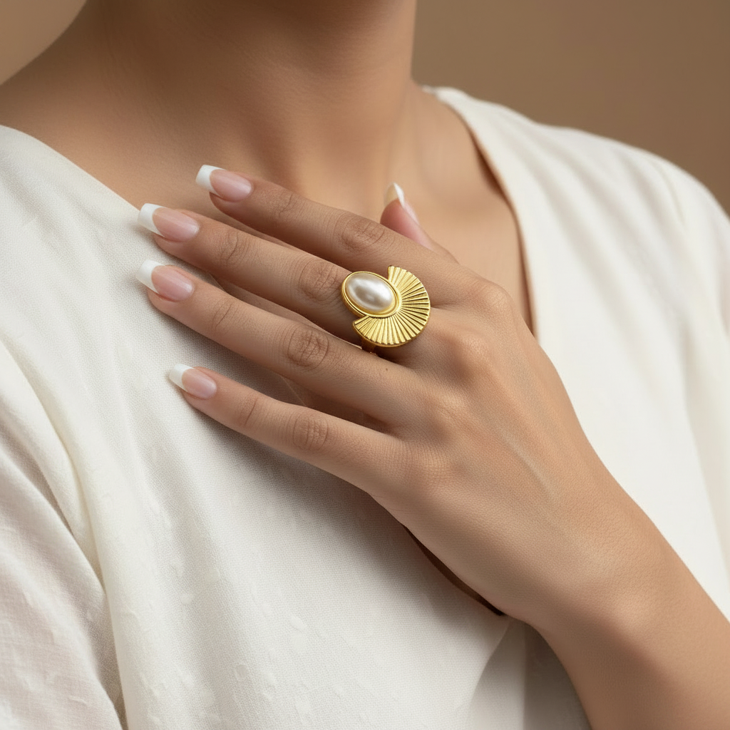 Pearl Fan Ring Glossy Nails Editorial
