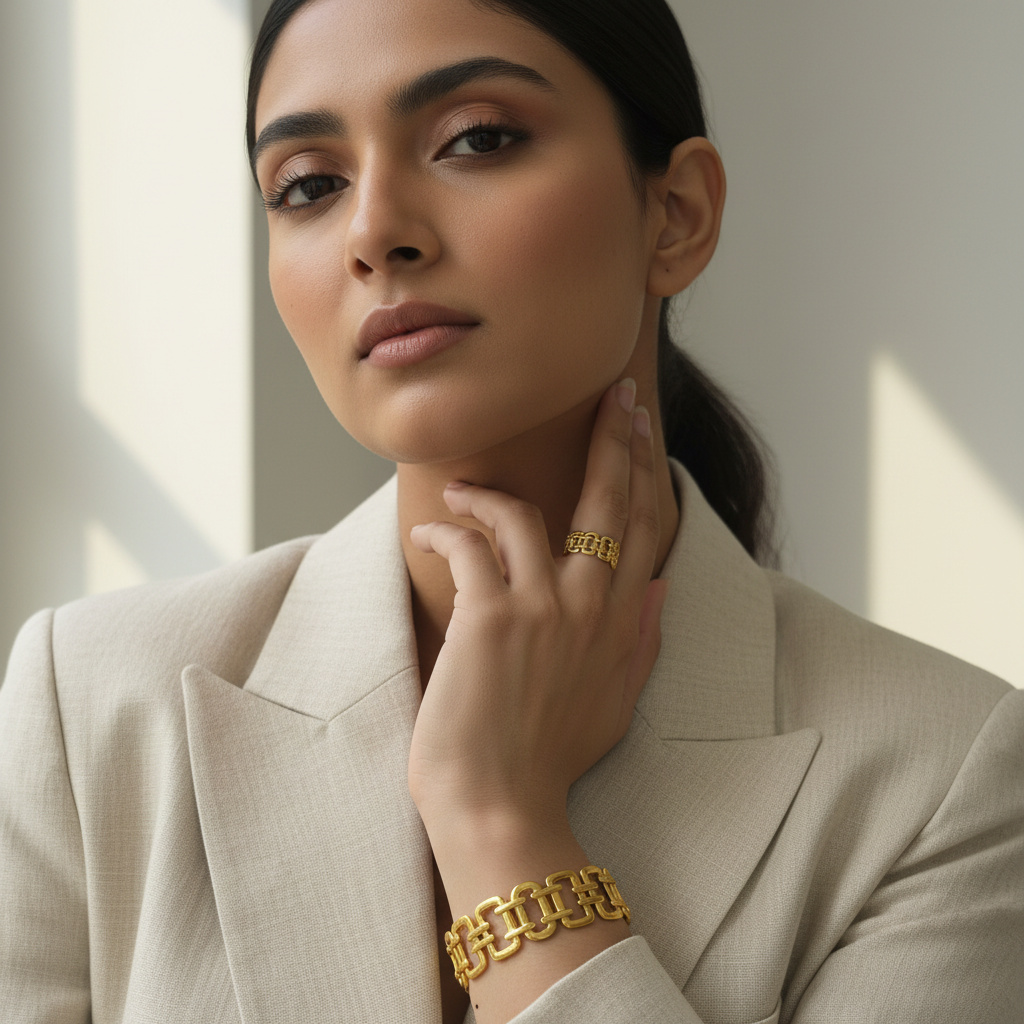 Realistic Model Photo with Gold Chain Bangle & Ring