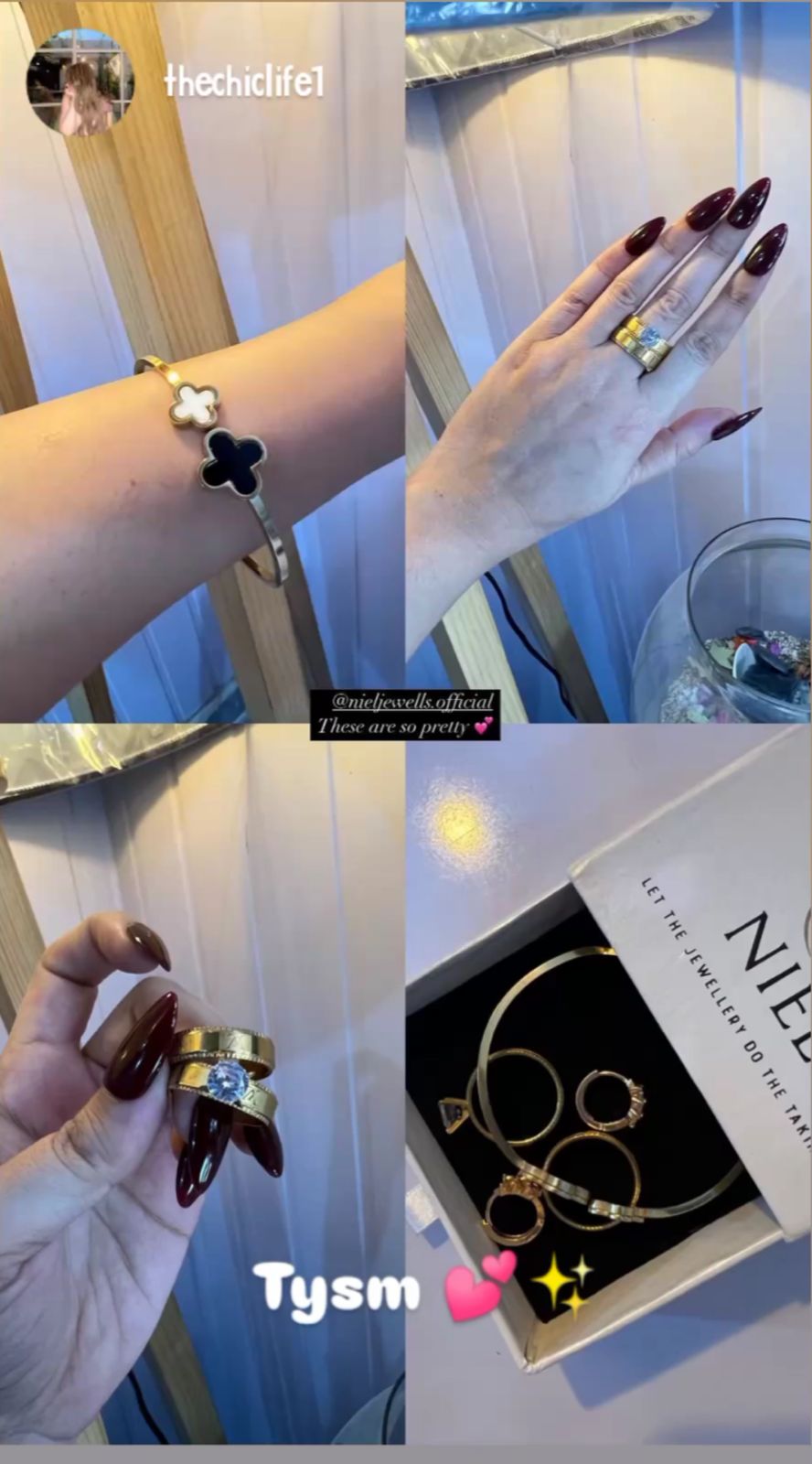 Collage of jewelry including a bracelet, rings, and eyeglasses with a visible brand name.